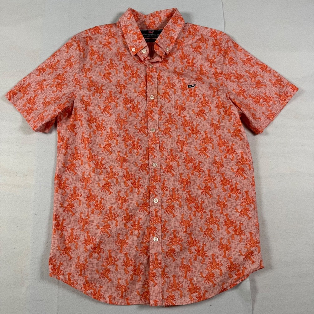 Vineyard Vines Mens Slim Fit Whale Shirt Orange Lobster Print Cotton M Short Slv